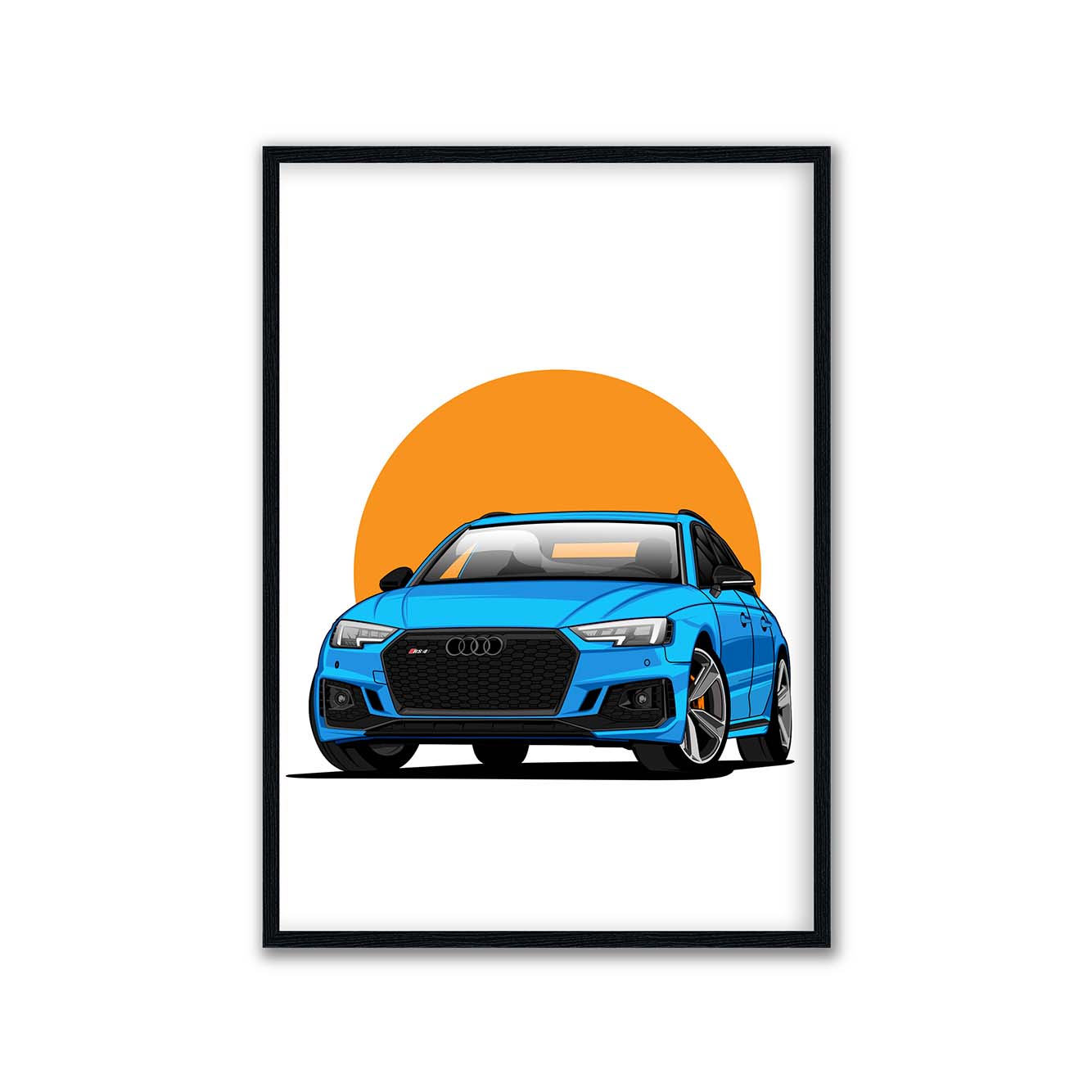 Getekende blauwe Audi in een stijlvol frame